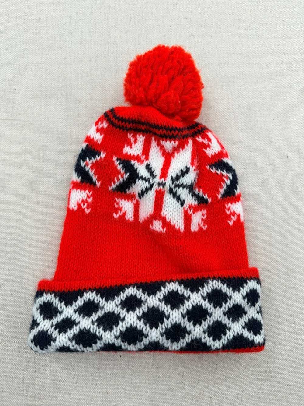 Red Pom Pom Knit Beanie Hat with Nordic Pattern